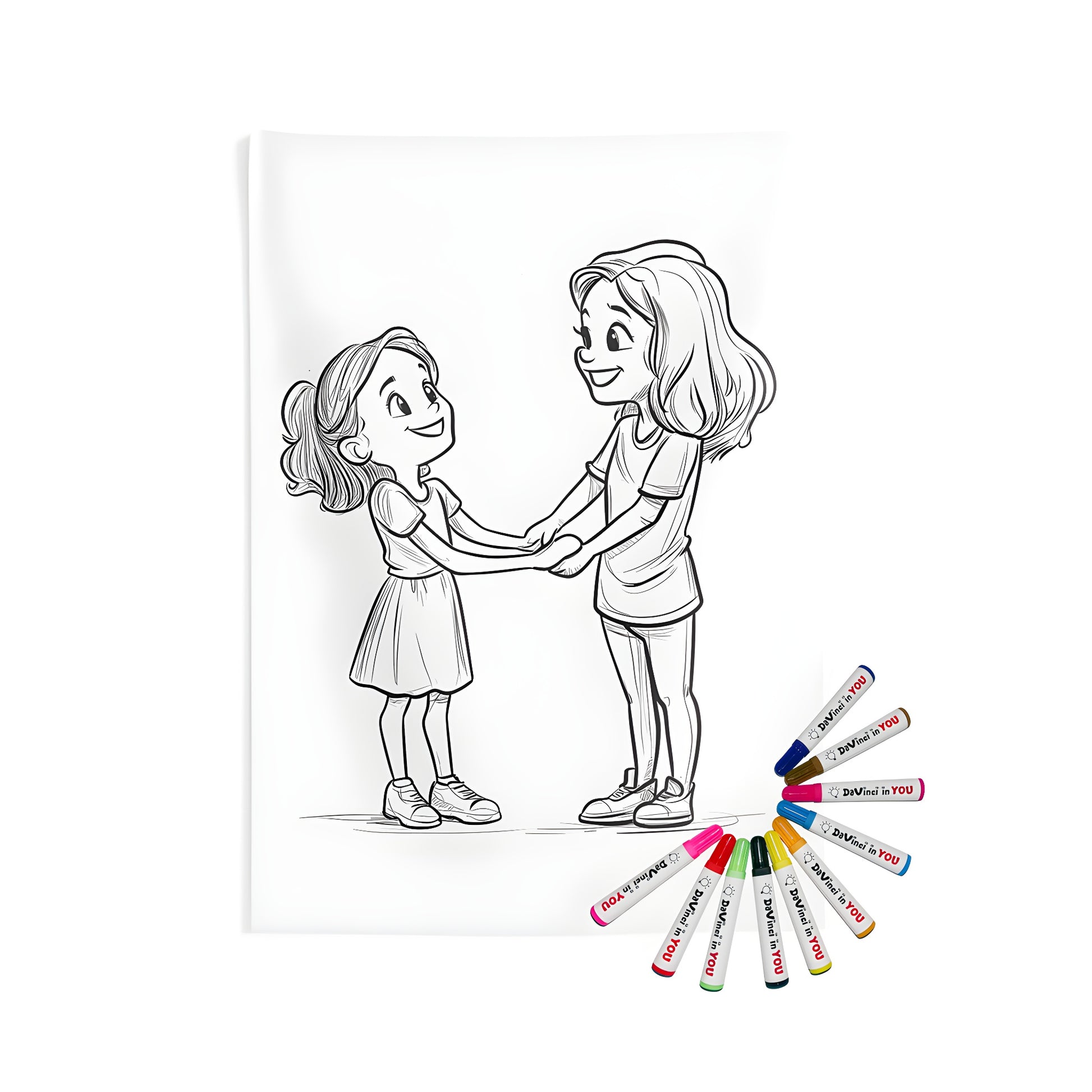 Indoor wall tapestry artwork featuring a black and white cartoon illustration of two smiling girls holding hands, surrounded by colors and creativity.