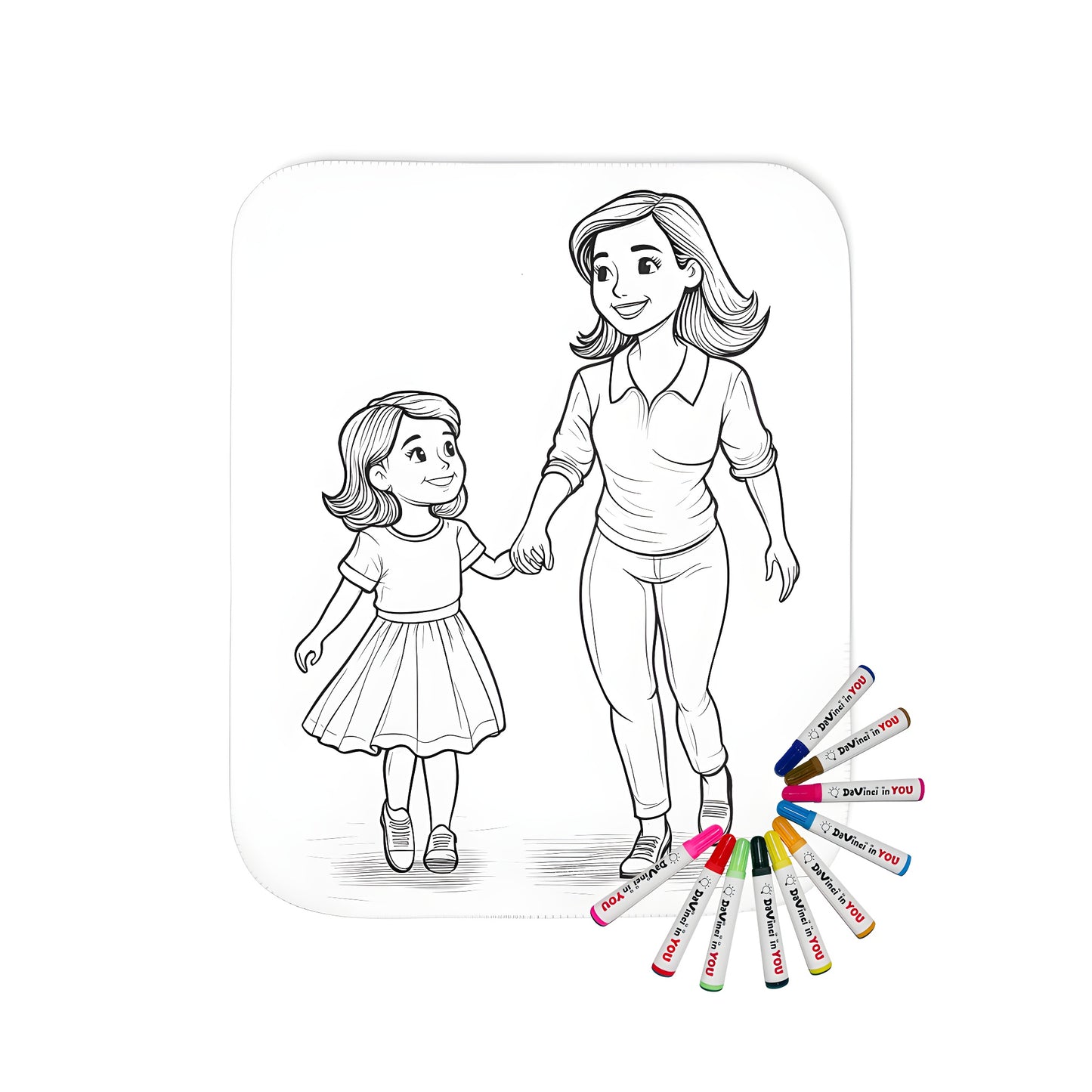 Coloring blanket with mother and daughter design, featuring an illustration of two smiling women walking hand in hand