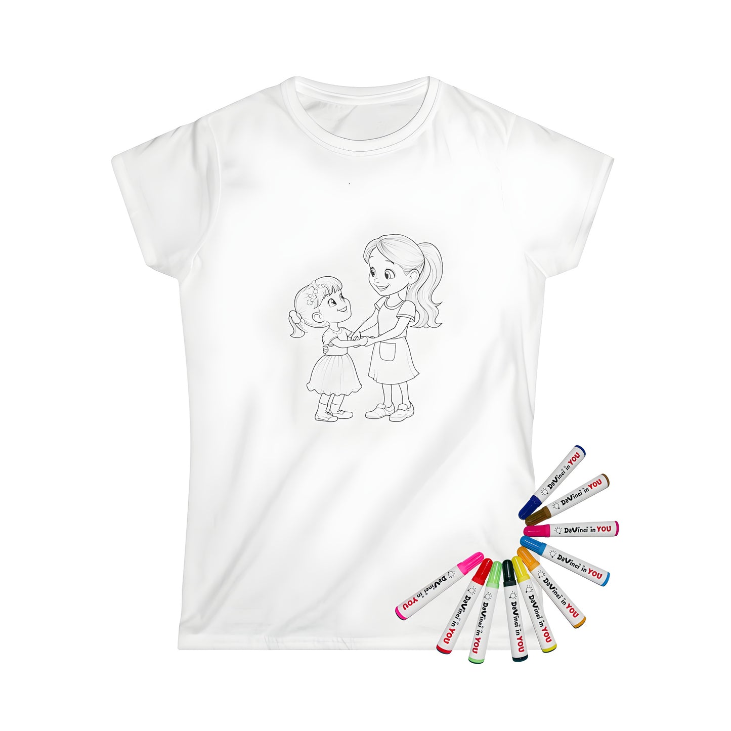 Women's t-shirts for sisters with line art of girls holding hands, smiling at each other - coloring pages