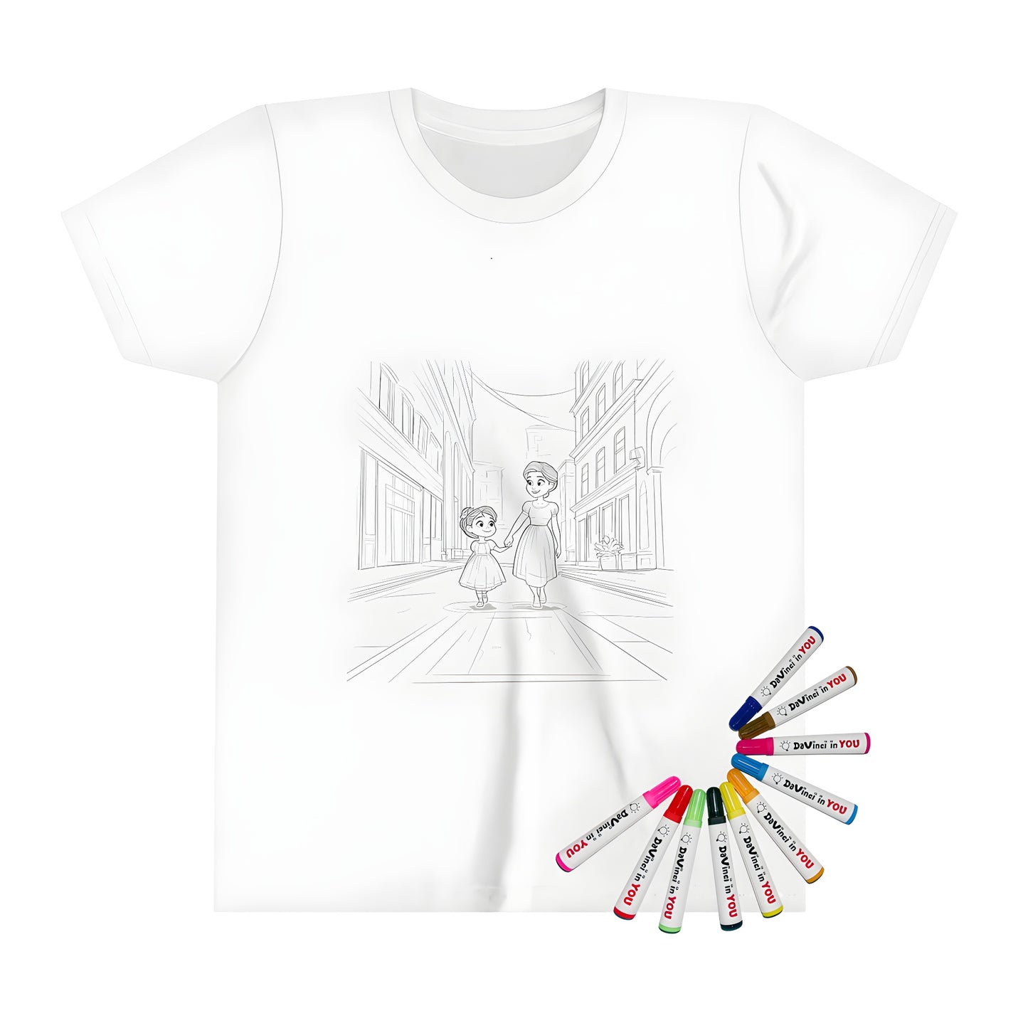 Kid's t-shirt with mom daughter illustration of a mother and child walking hand in hand on a city street