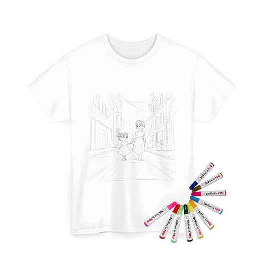 Unisex T-shirt coloring kit with vibrant mother and daughter design, featuring an outline illustration of a girl and woman walking together on a city street