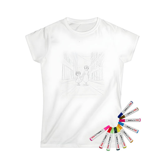 Woman's graphic t-shirt with colouring page design of mother and daughter walking hand in hand