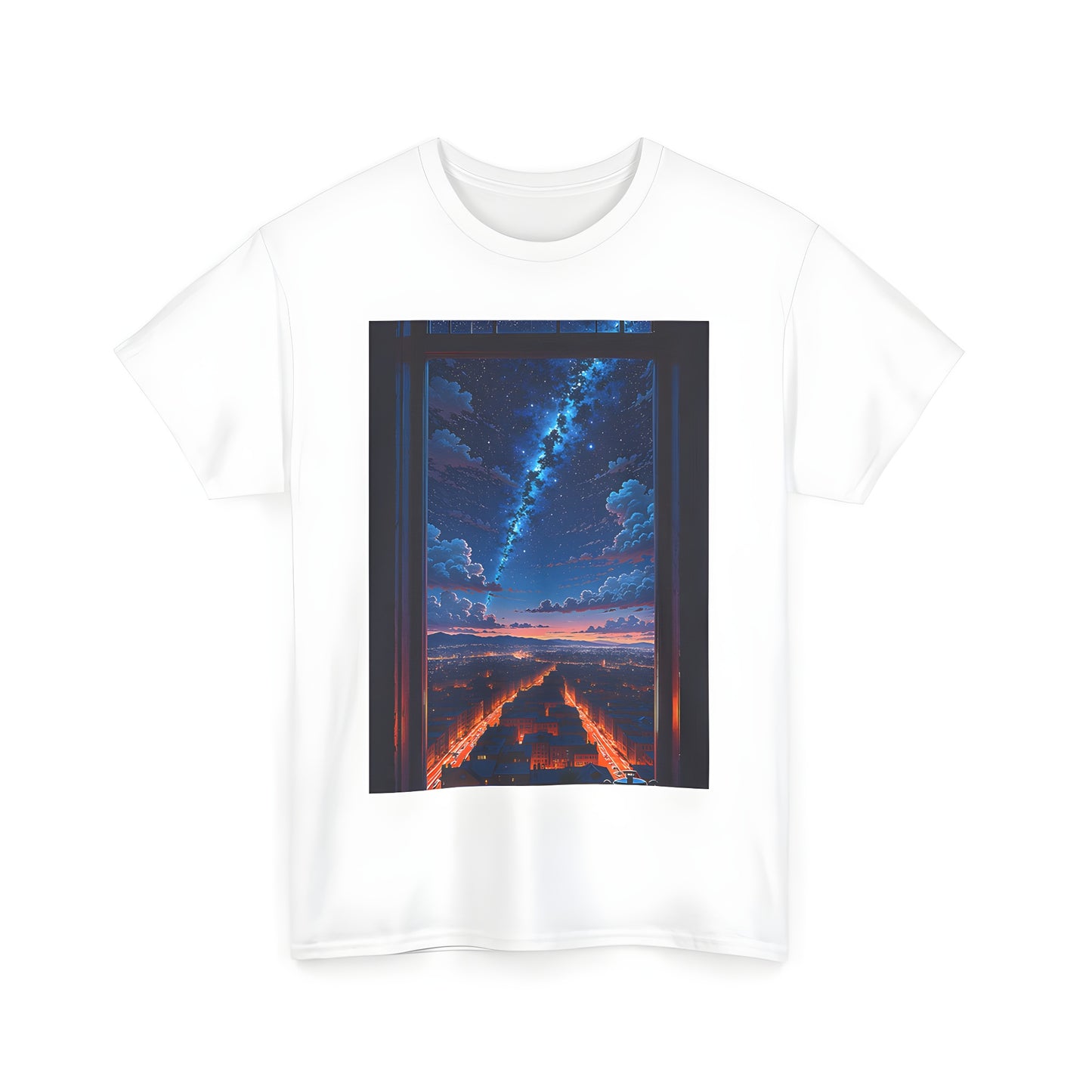 A vibrant Unisex T-shirt featuring a colorful graphic design of a bustling night cityscape viewed from a window, showcasing brightly lit streets and buildings under a star-filled sky.