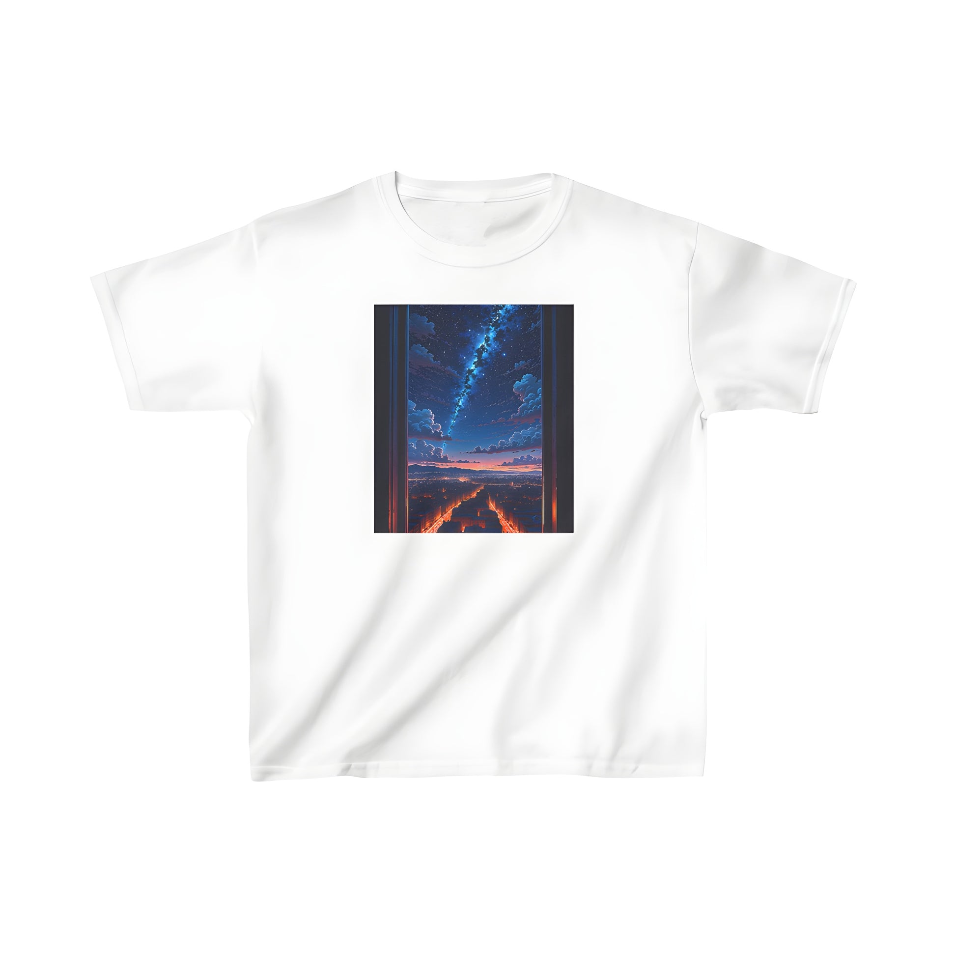 Colorful graphic print of metropolitan city skyline at dusk, kid's night sky t-shirt