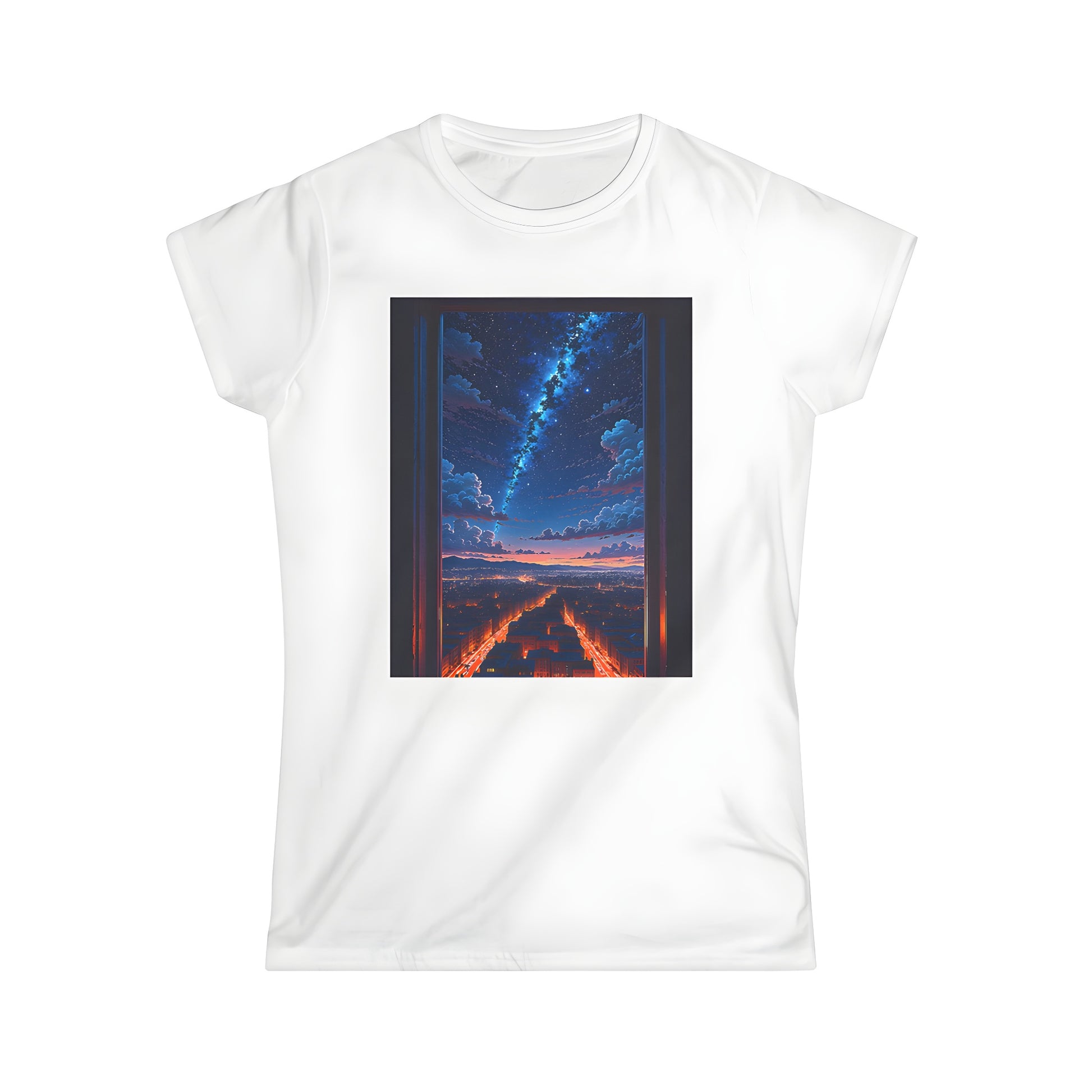 Women's graphic t-shirt with colorful night city view