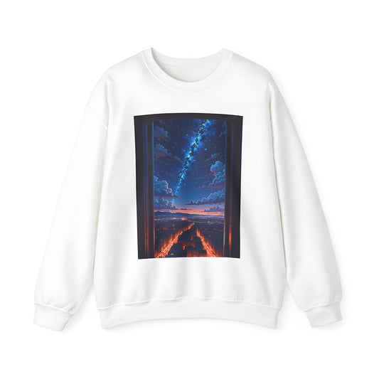 Adult sweatshirt with vibrant graphic city skyline at night