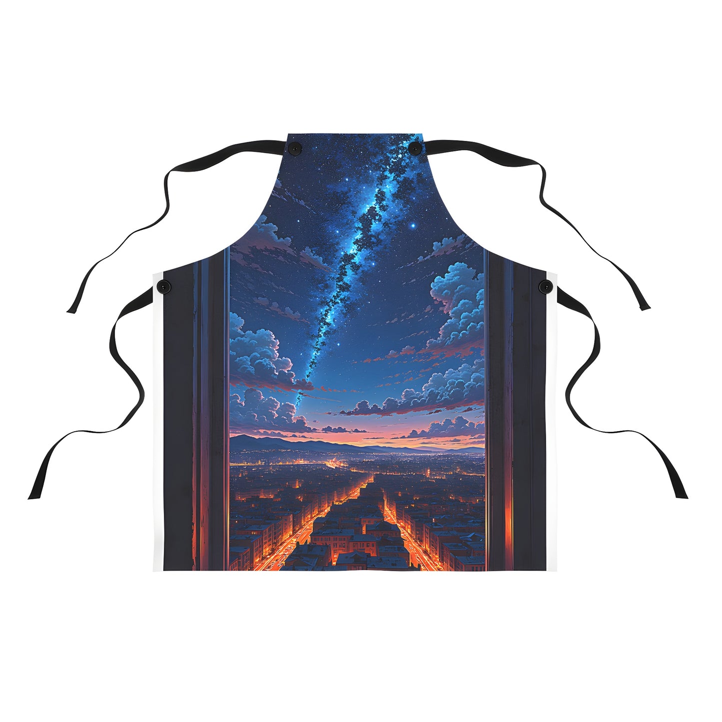 Colorful night city view apron for sale, featuring a vibrant graphic of metropolitan streets and skyscrapers under the stars