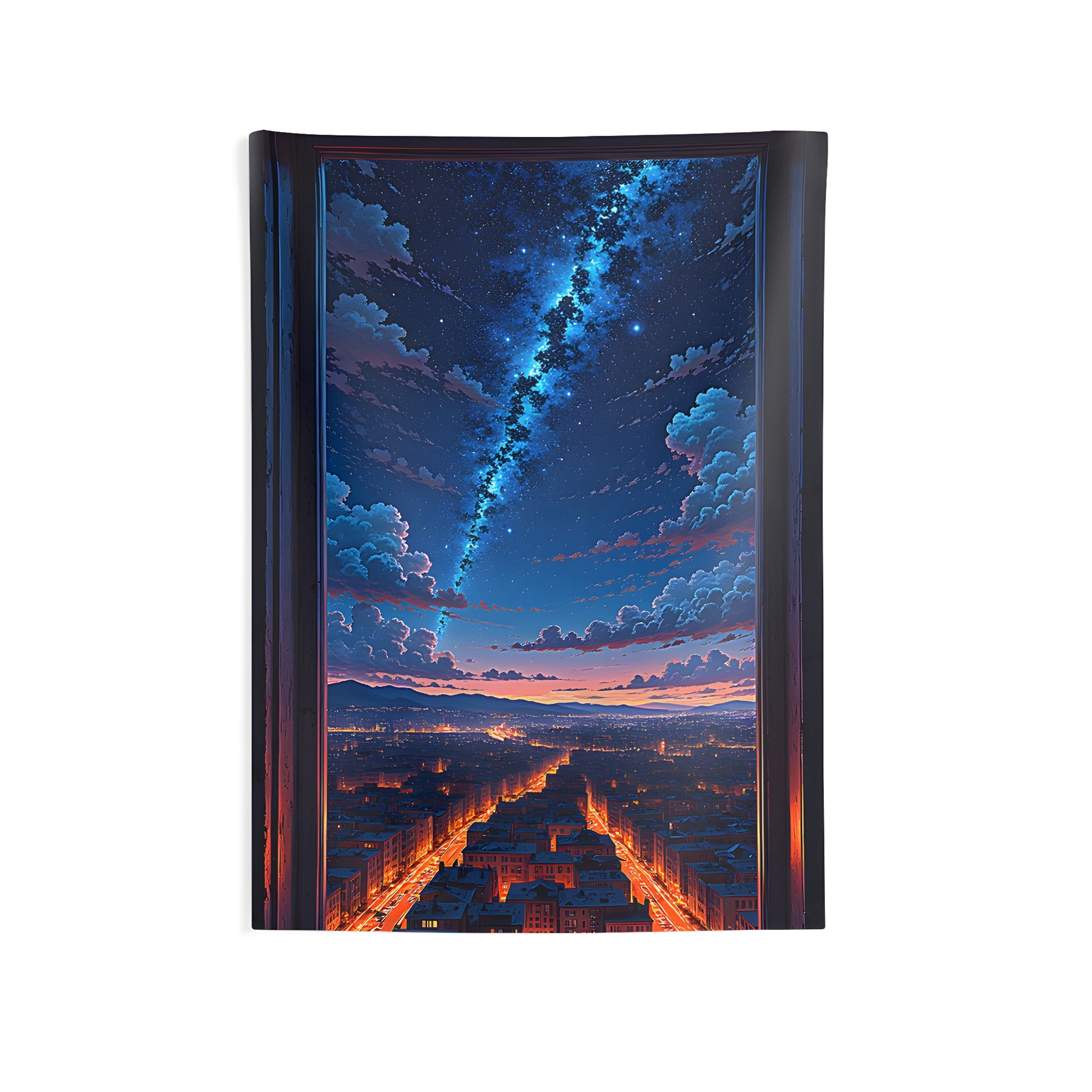 Colorful graphic print of city view at night from indoor wall tapestry