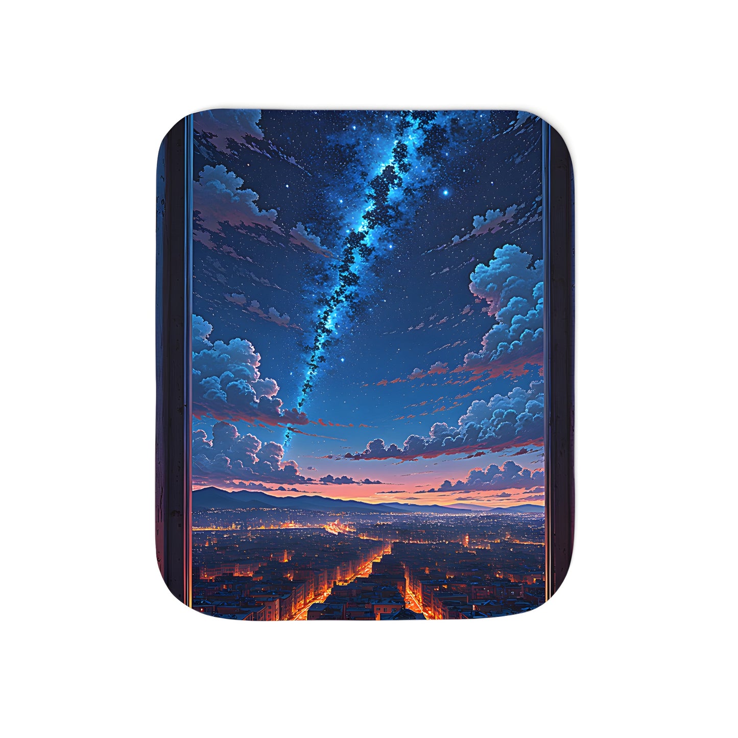 A vibrant and cozy blanket featuring a captivating cityscape at night, showcasing brightly lit streets and buildings under a star-filled sky.