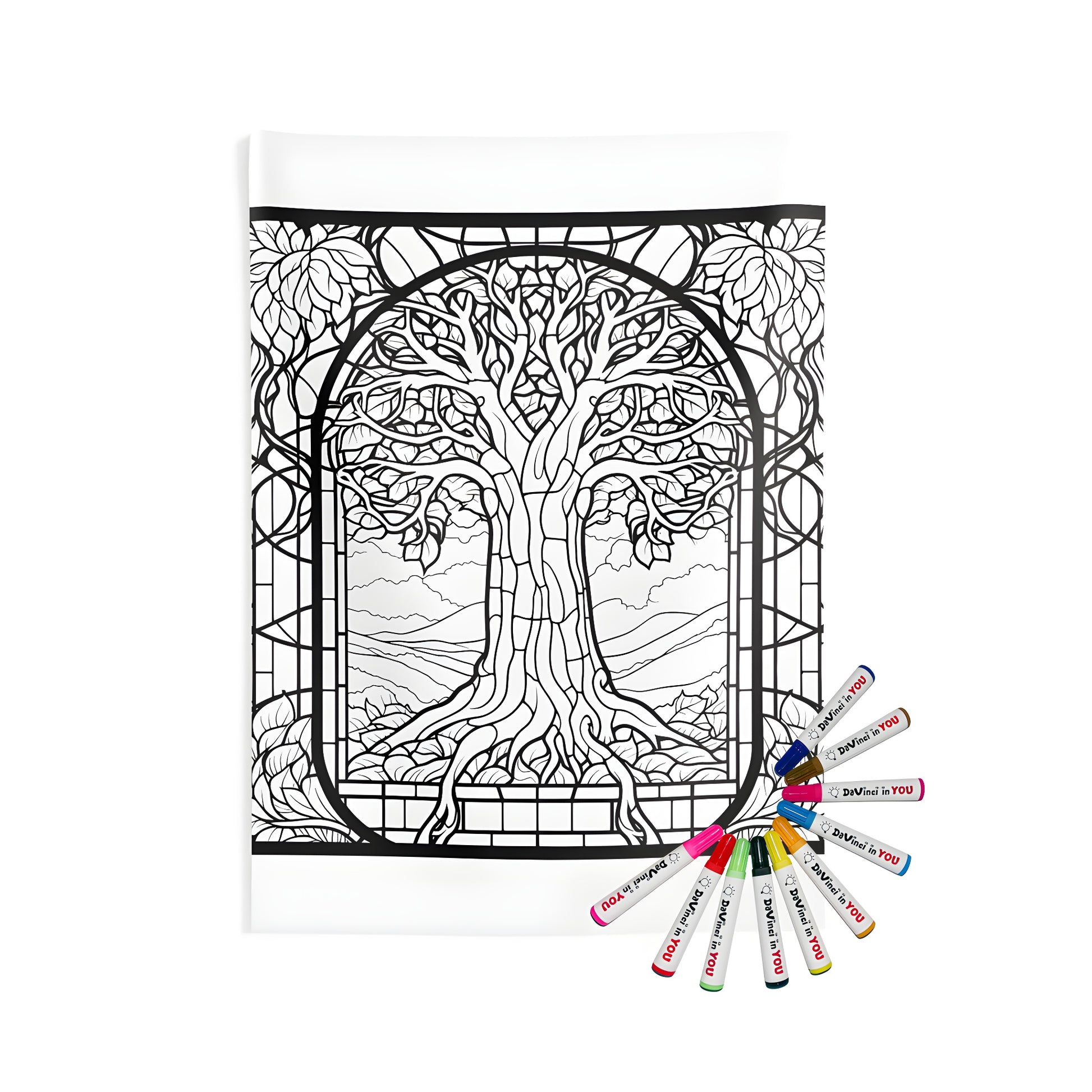 Intricate stained glass design wall hanging featuring a large tree surrounded by leaves and branches, set against a natural landscape. Perfect indoor decor for nature lovers