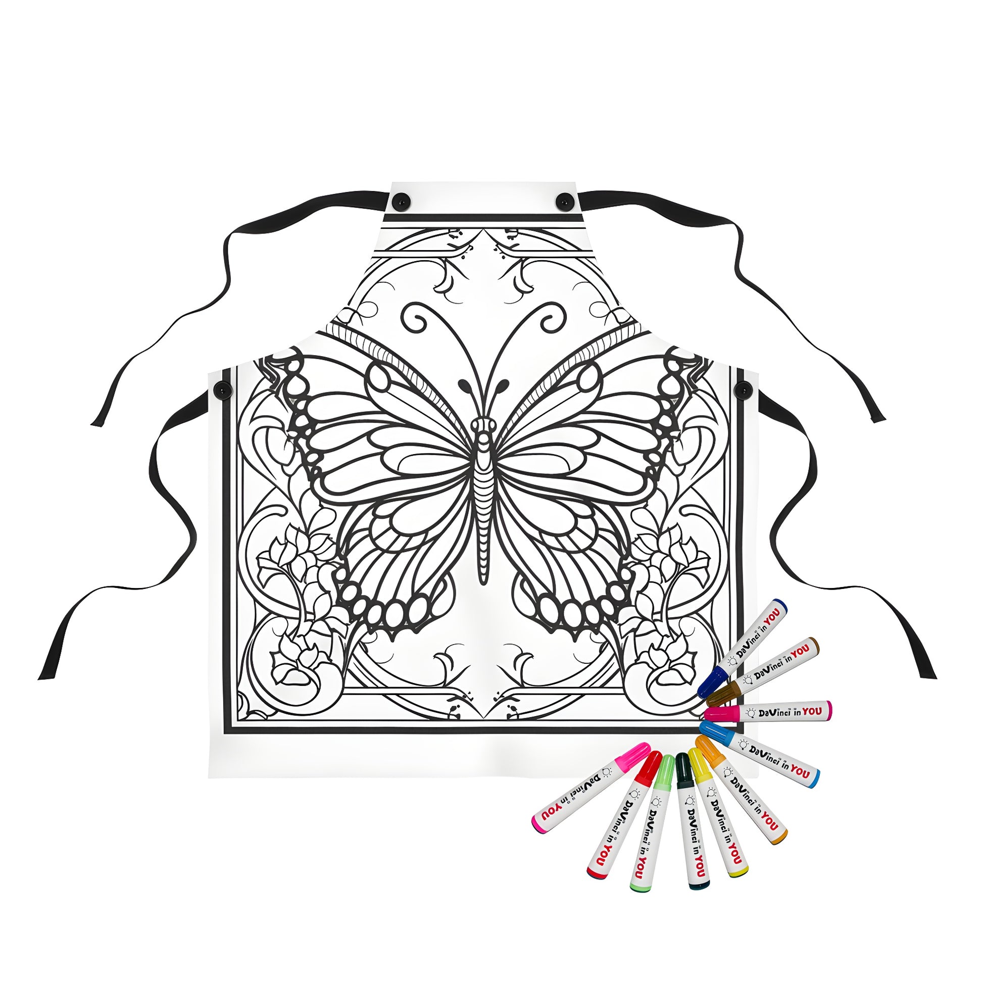 Apron with intricate black and white butterfly outline design and ornate floral patterns for adult coloring