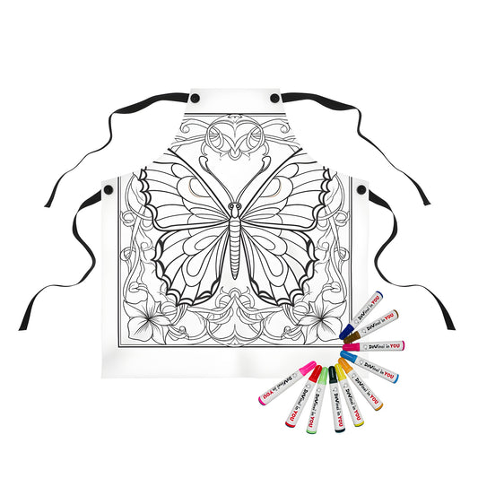 Apron with vibrant coloring page design featuring a central butterfly surrounded by floral patterns and decorative elements.