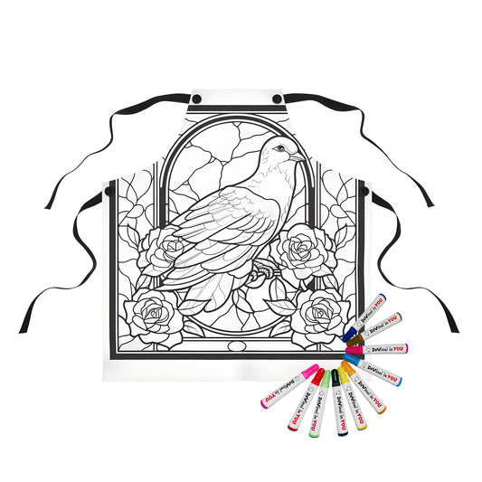 Aprons featuring stained glass style bird designs with roses in a coloring kit with fabric markers