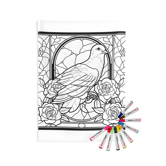 Detailed stained glass style bird perched among roses indoor wall tapestry