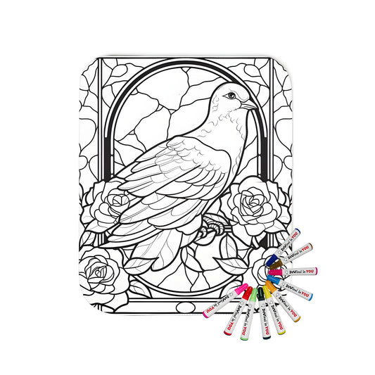 Stained glass style bird illustration on colorful blanket