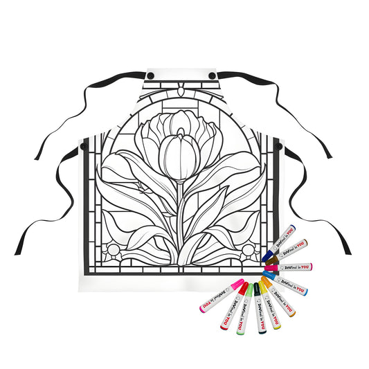 Apron with colorful stained glass style design featuring tulip and geometric patterns