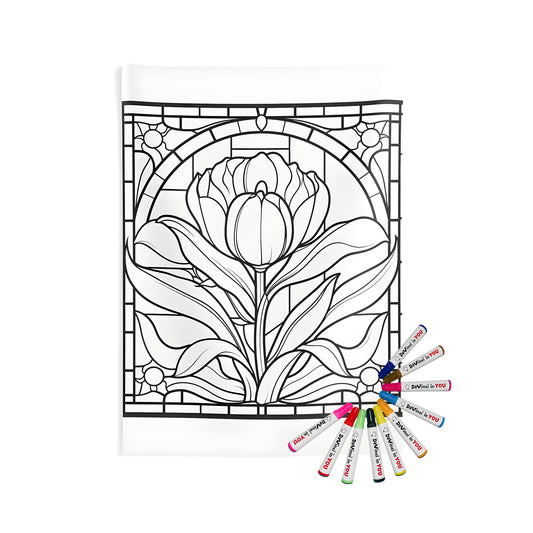 A stained glass style coloring page featuring a tulip design, surrounded by geometric patterns, perfect for art enthusiasts and indoor wall tapestries decoration ideas.