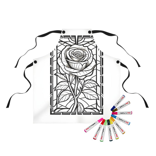 Vibrant stained glass inspired apron with rose design and geometric patterns for coloring enthusiasts