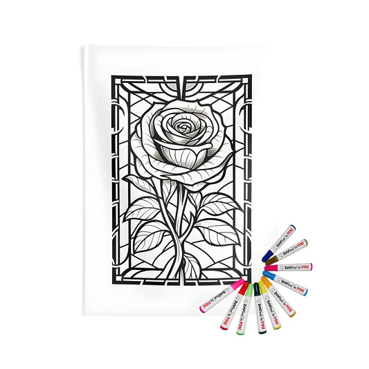 Indoor wall tapestry featuring a stained glass style rose design for coloring enthusiasts