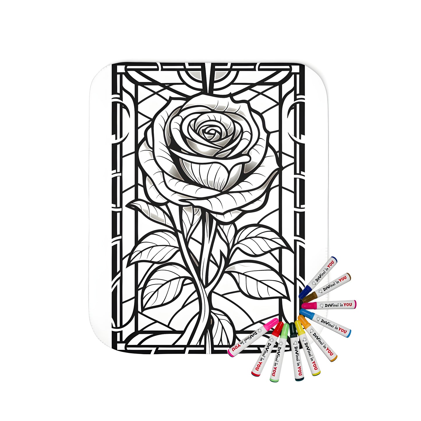 Colourful stained glass style blanket with intricate rose design and geometric patterns, perfect for adult coloring enthusiasts