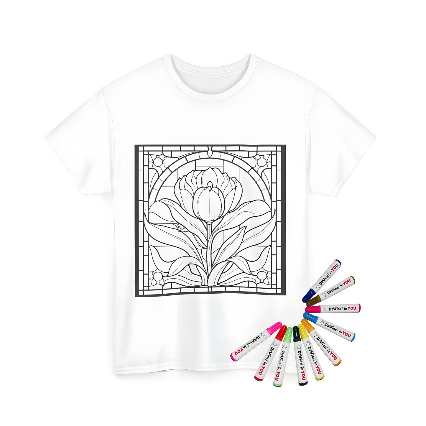 Unisex t-shirt featuring colorful stained glass style tulip design surrounded by geometric patterns for artistic coloring