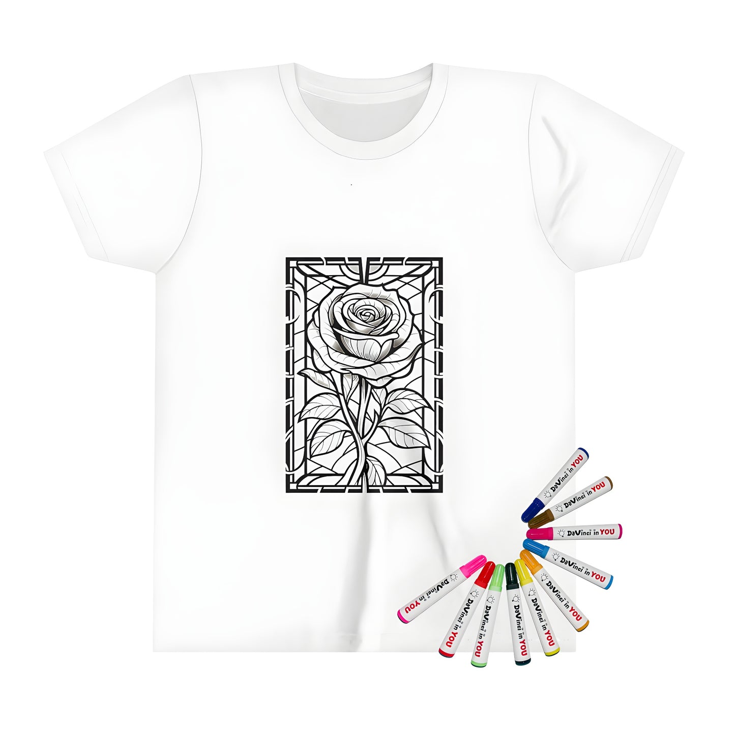 Detailed kid's t-shirt with stained glass style rose design and geometric patterns for coloring enthusiasts