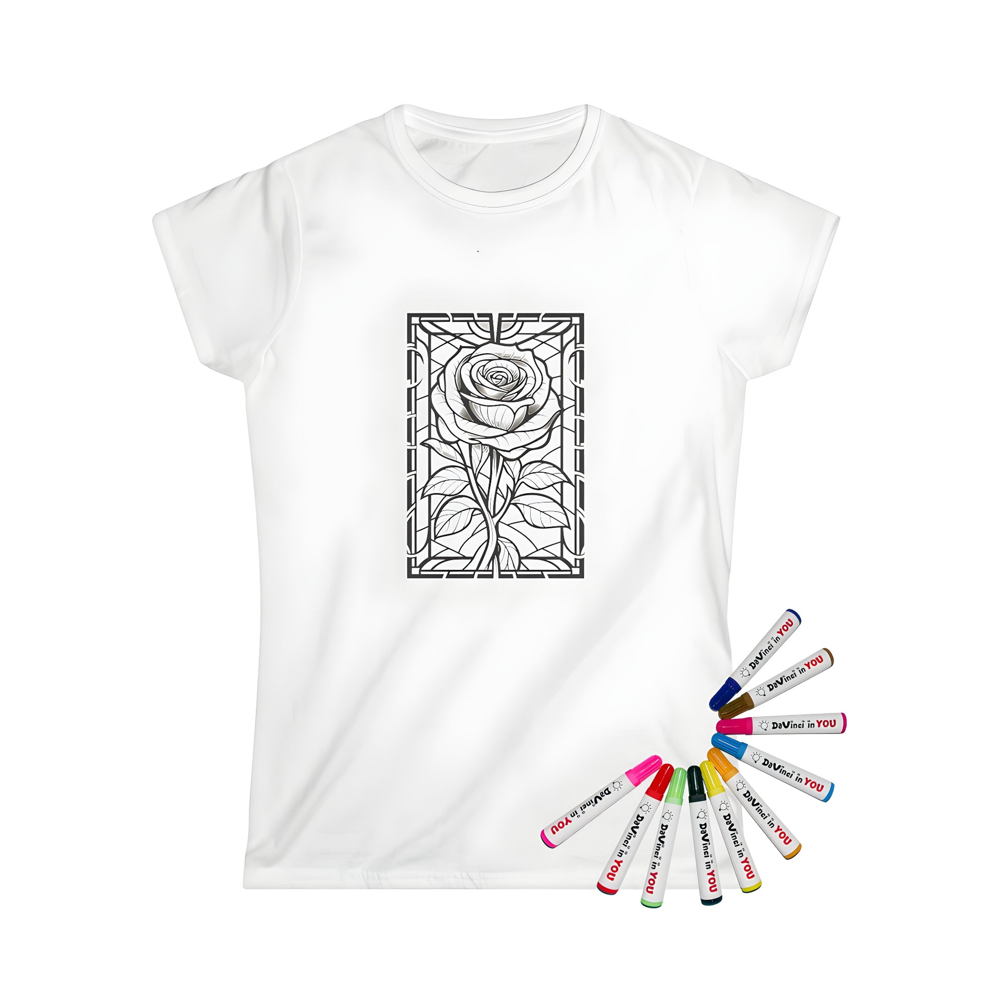 Women's T-shirt featuring a colorful stained glass style rose design with geometric patterns for adult coloring enthusiasts.