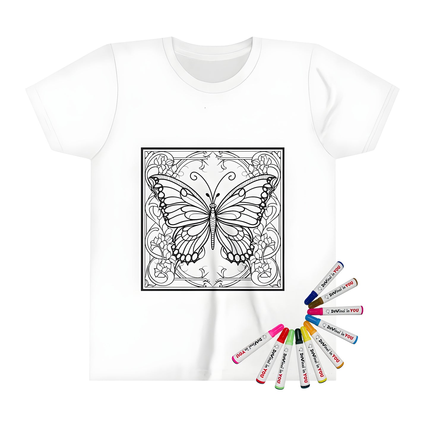 Colorful kid's t-shirt featuring an intricate butterfly outline design with floral patterns