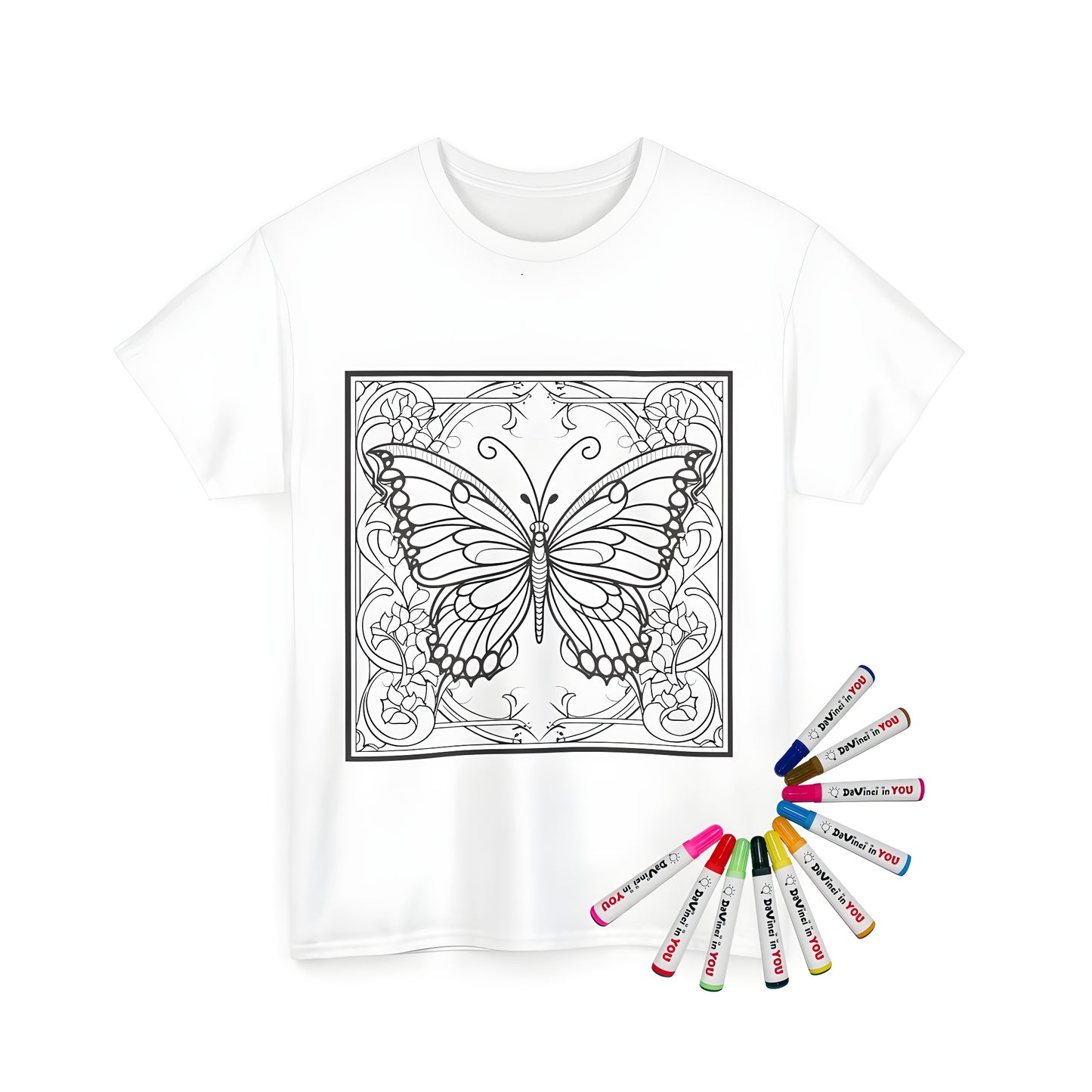 Unisex t-shirt with intricate black and white butterfly outline design