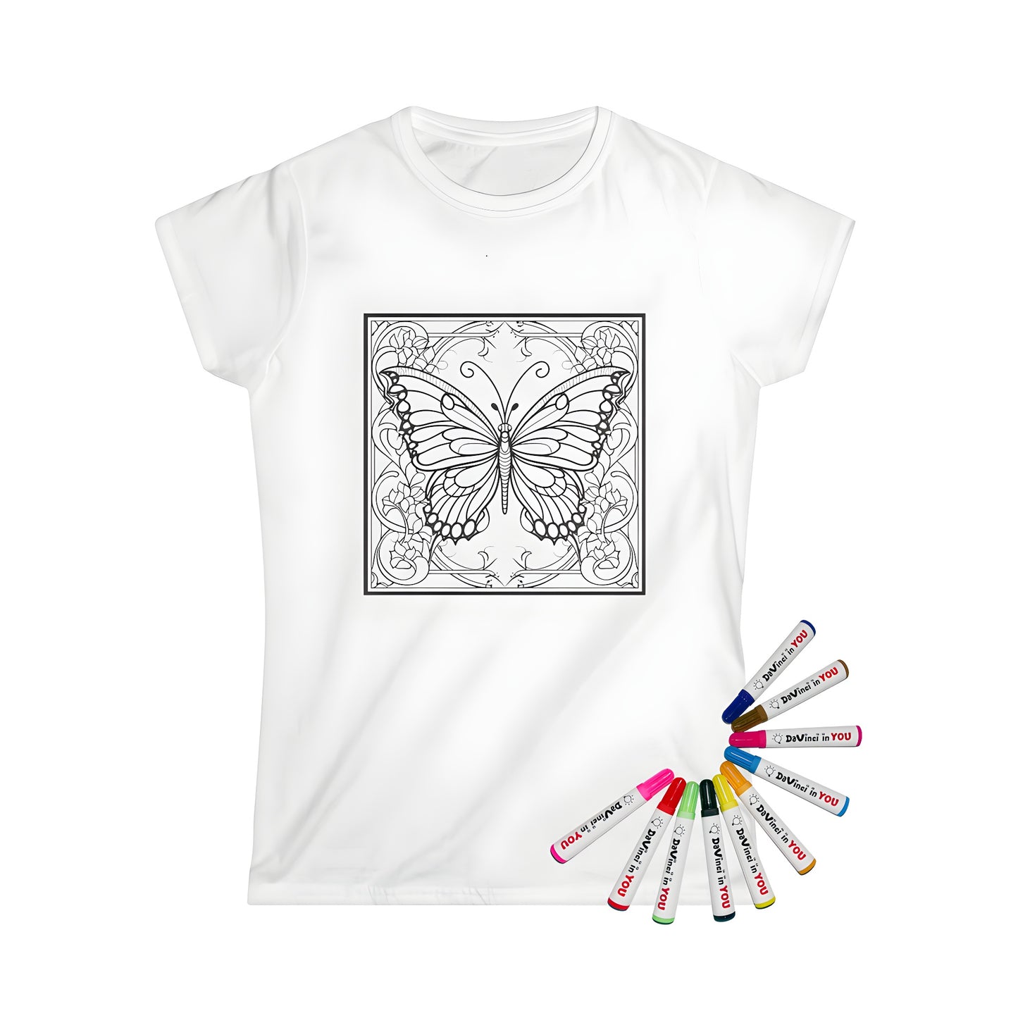 Women's t-shirt with intricate black and white butterfly outline design surrounded by ornate floral patterns