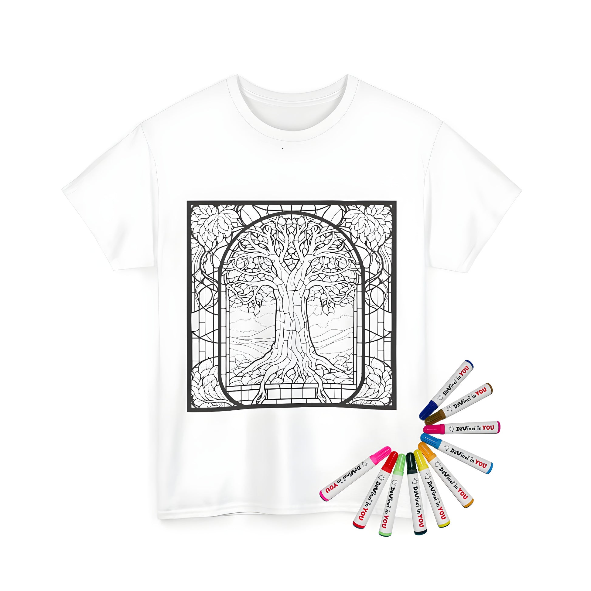 Unisex t-shirt with vibrant tree artwork, leaves, and intricate stained glass details for coloring kit