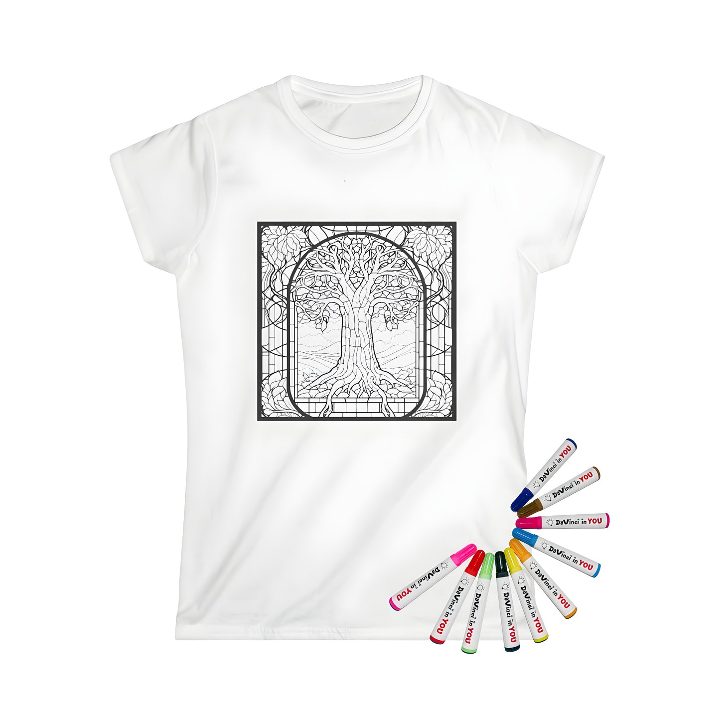 Women's T-shirt with intricate stained glass design featuring tree, leaves and branches set against natural landscape