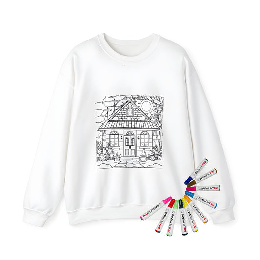 Adult sweatshirt with colorful cottage scene, whimsical farmhouse, or picturesque village illustration