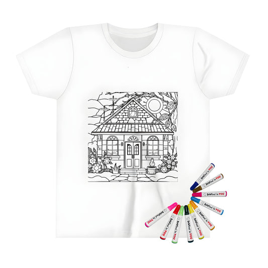 Garden-themed t-shirt for kids with colorful cottage design