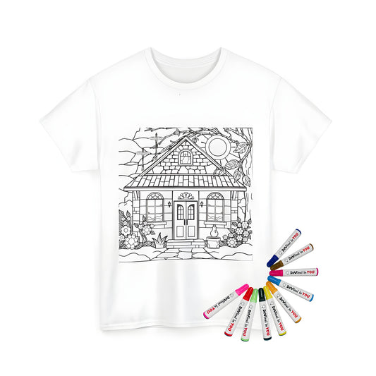 Cozy cottage design on a unisex t-shirt with vibrant fabric markers