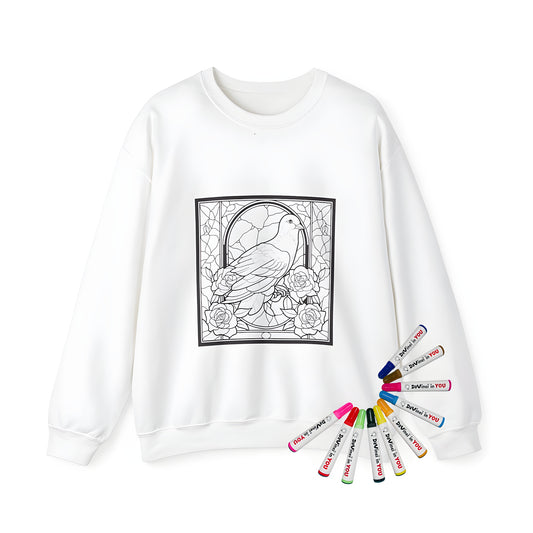Adult sweatshirt with colorful stained glass bird and rose illustration design