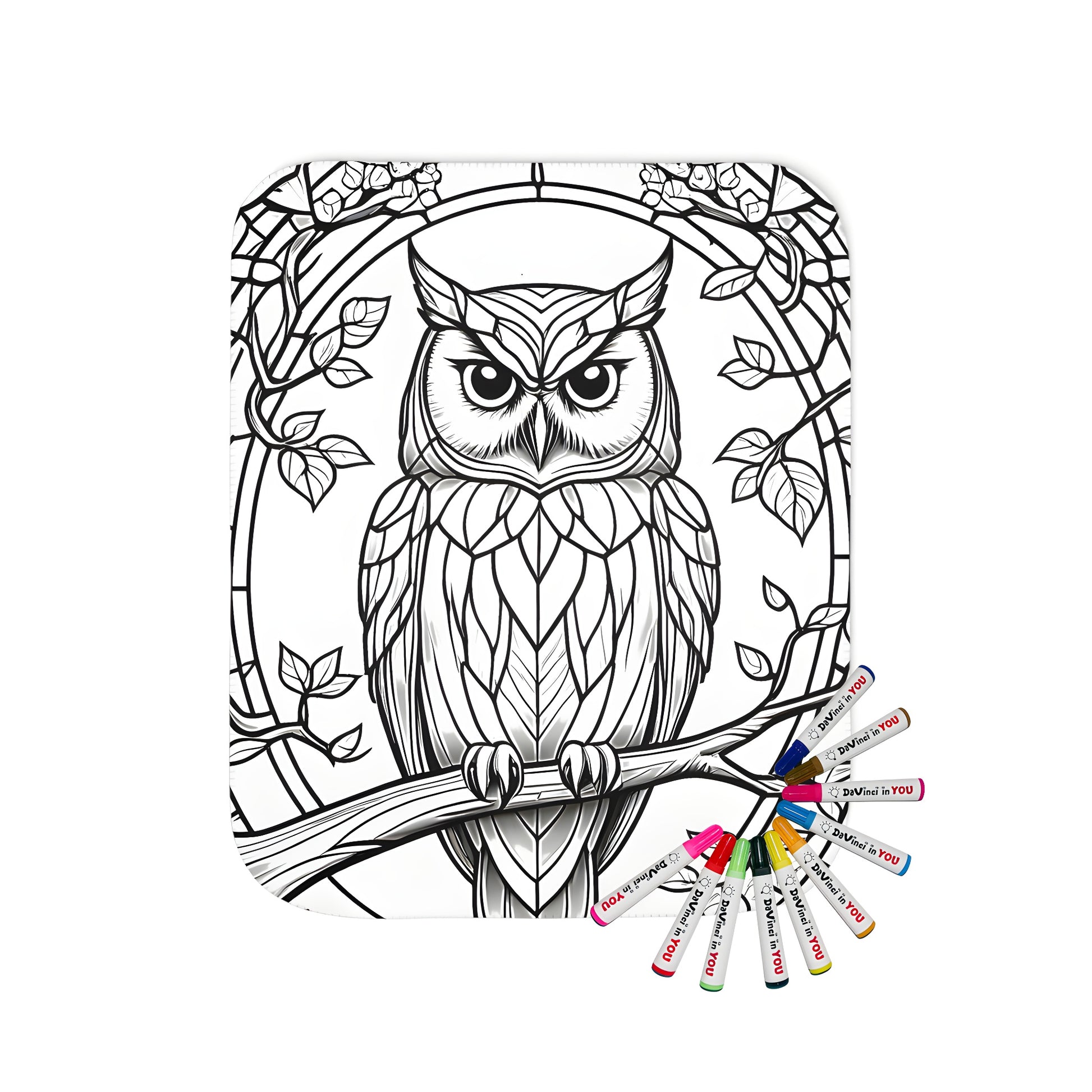 Colorful blanket featuring intricate owl and floral stained glass-inspired design