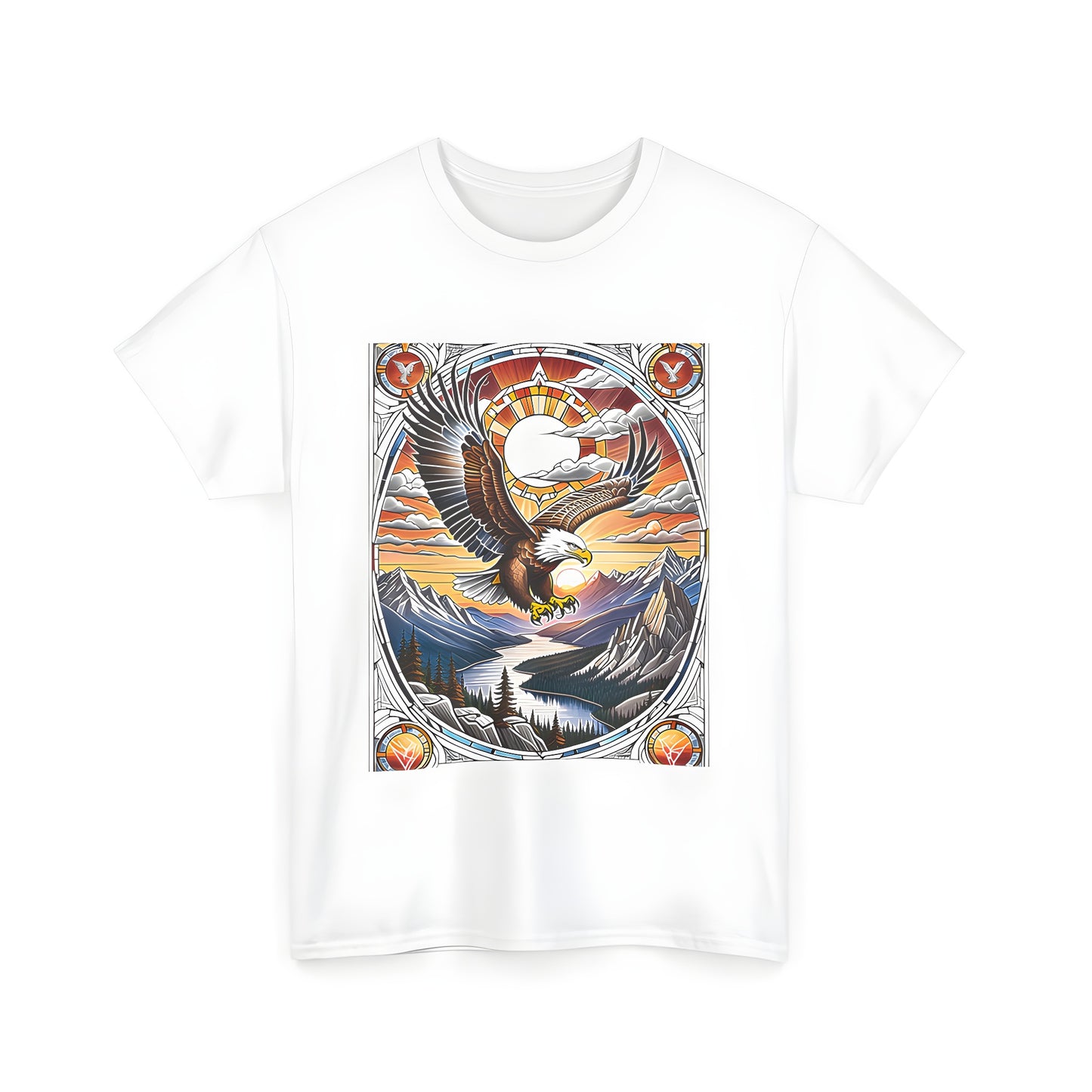 Unisex t-shirt featuring a majestic bird soaring over mountains and river, in vibrant stained glass style