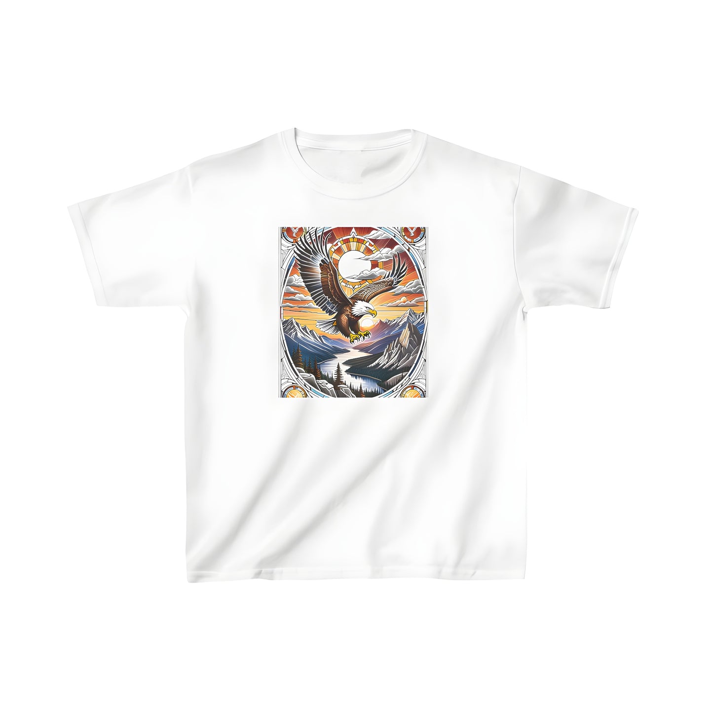 Colorful graphic tee shirt for kids featuring a majestic eagle soaring over a river amidst mountains, against a vibrant sunrise sky framed in stained glass style