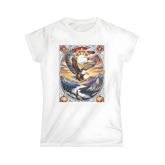 Colorful graphic t-shirt of an eagle soaring over a river in mountains