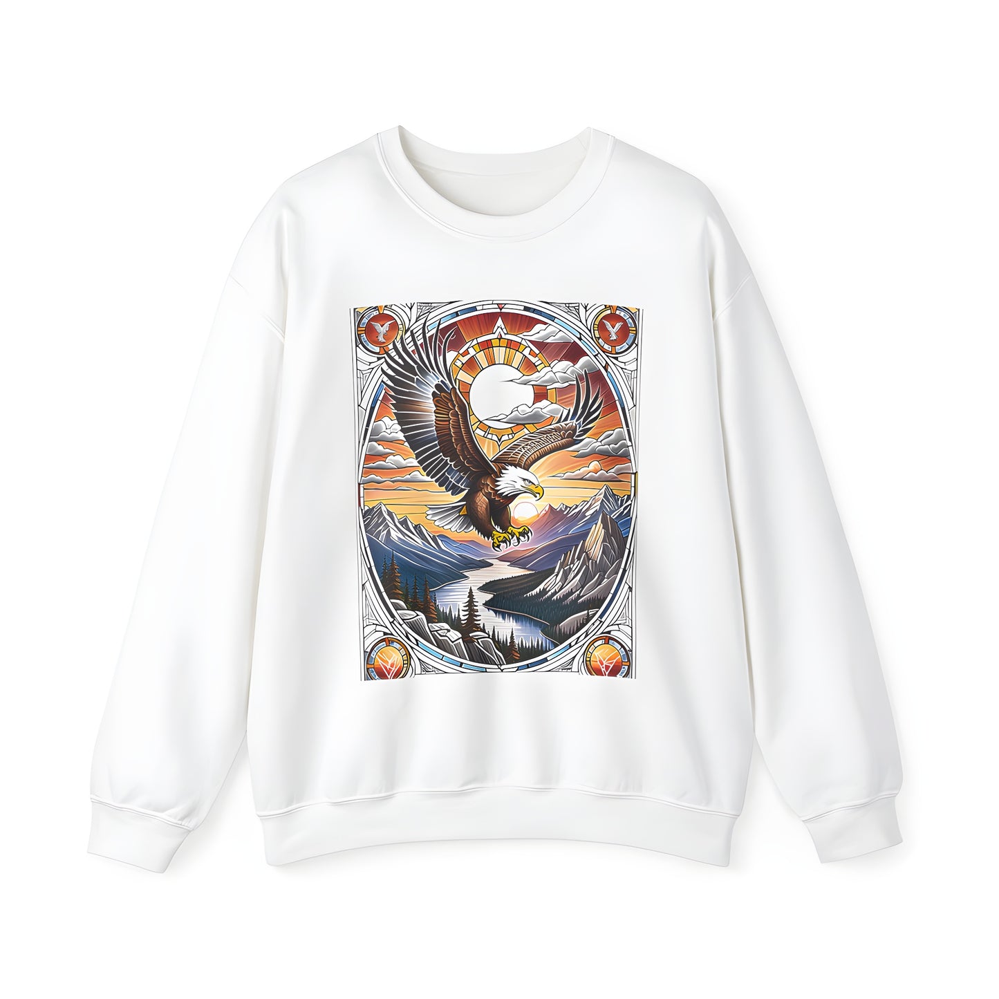 Adult sweatshirt featuring a majestic eagle soaring over mountains and river, set against a vibrant sunrise sky. Graphic design with stained glass style frame.