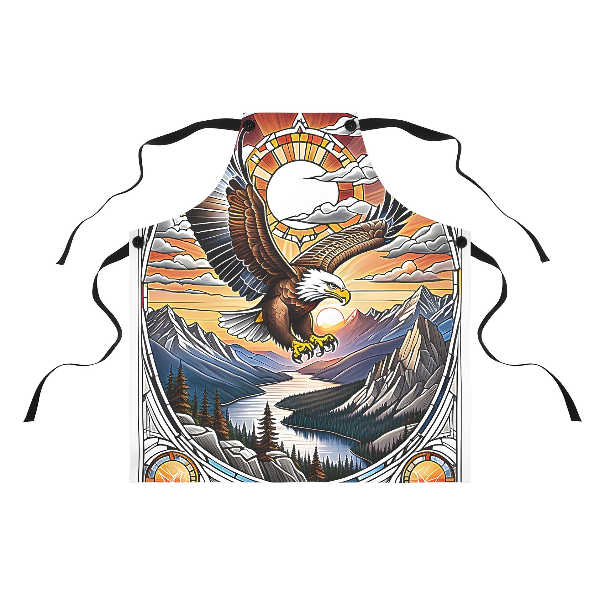 Colorful graphic apron with an eagle soaring over mountains and river, set against vibrant sunrise sky