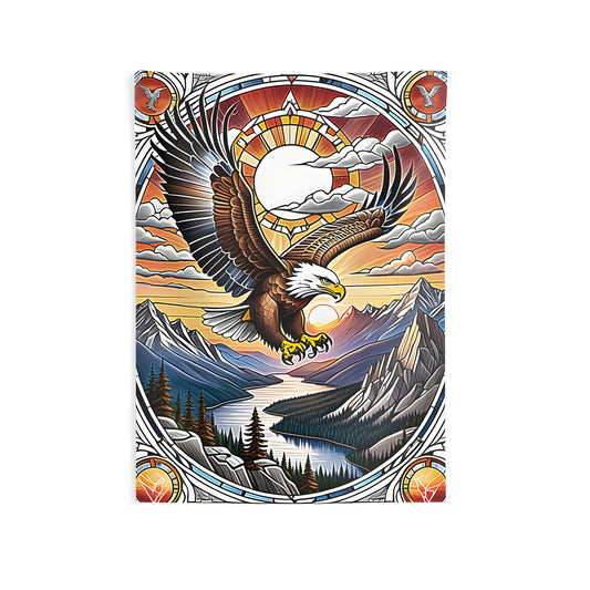 Colorful graphic wall hanging of an eagle flying over mountains and rivers