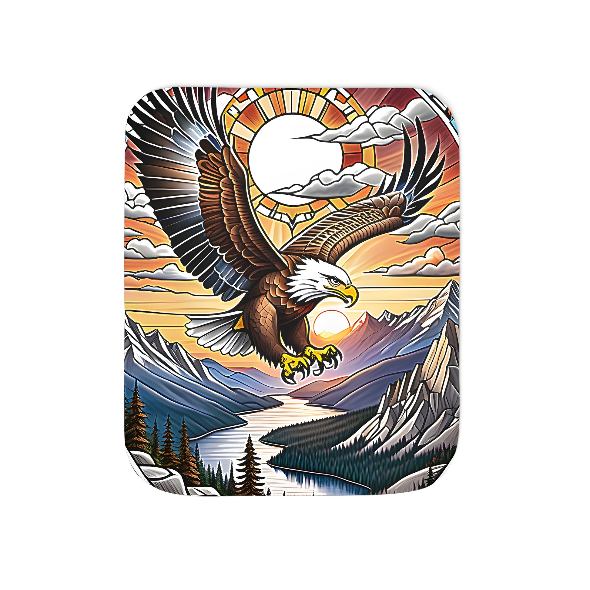 Colorful graphic blanket featuring a majestic bird soaring over a river and mountains