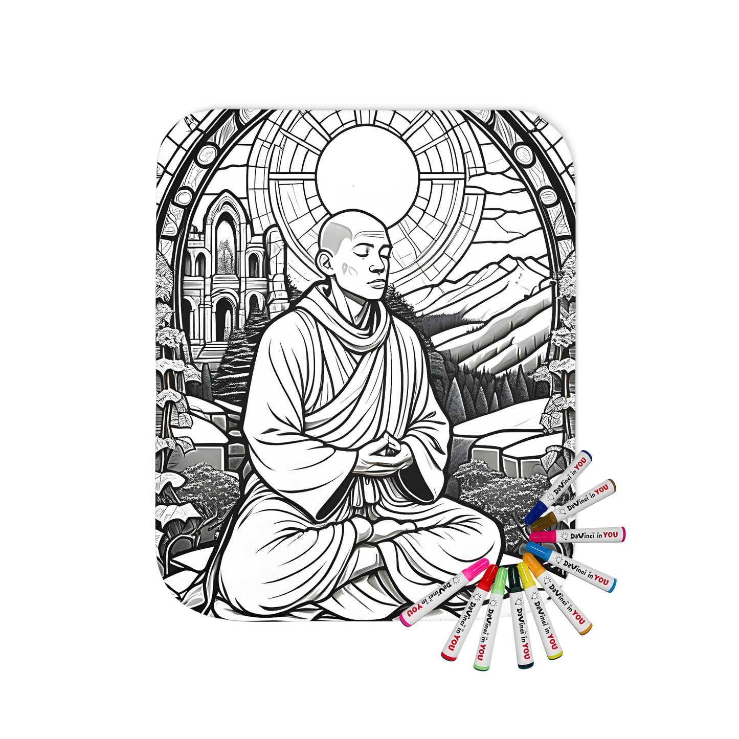 Blanket coloring kit with fabric markers featuring a monk's peaceful meditative scene surrounded by nature and stained glass window