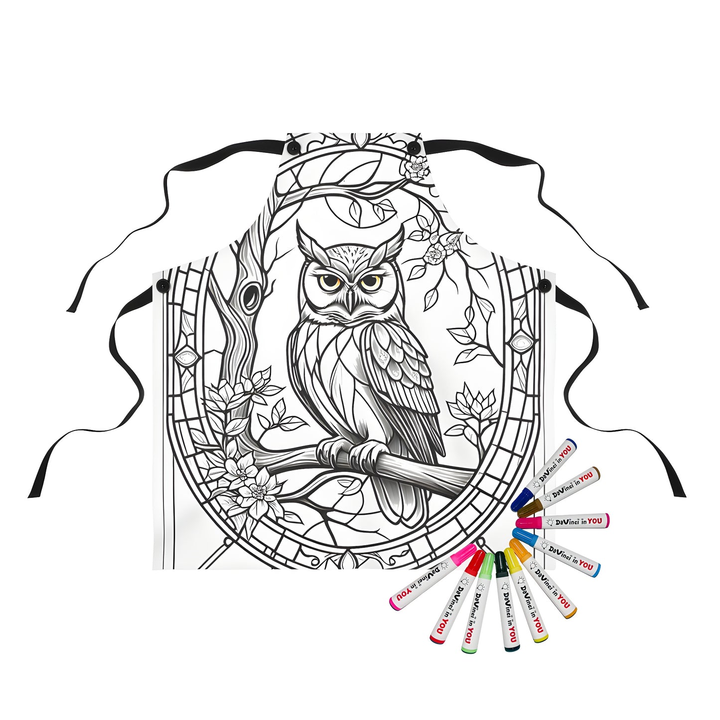Apron with intricate black and white illustration of an owl perched on a branch with flowers, framed by a decorative border. Perfect for art enthusiasts and bird lovers alike.