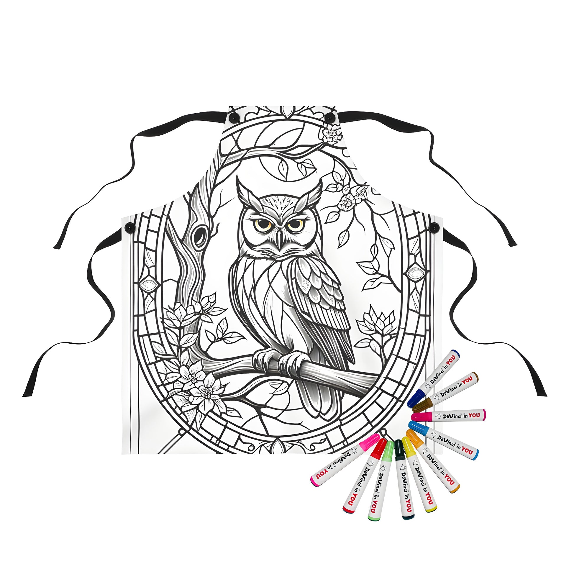 Apron with intricate black and white illustration of an owl perched on a branch with flowers, framed by a decorative border. Perfect for art enthusiasts and bird lovers alike.