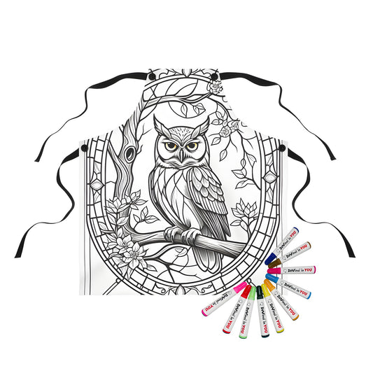 Apron with intricate black and white illustration of an owl perched on a branch with flowers, framed by a decorative border. Perfect for art enthusiasts and bird lovers alike.