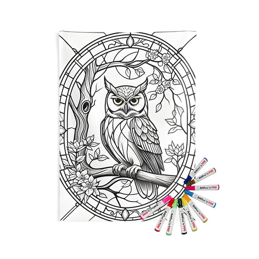 Colorful indoor wall tapestry with intricate black and white owl illustration, flowers, and decorative border