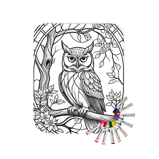 Intricate black and white illustration of an owl perched on a branch with flowers, framed by a decorative border, printed on a soft and cozy blanket